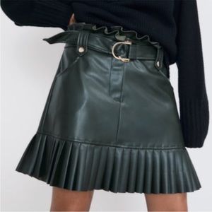 Green Zara Faux Leather Pleated Skirt